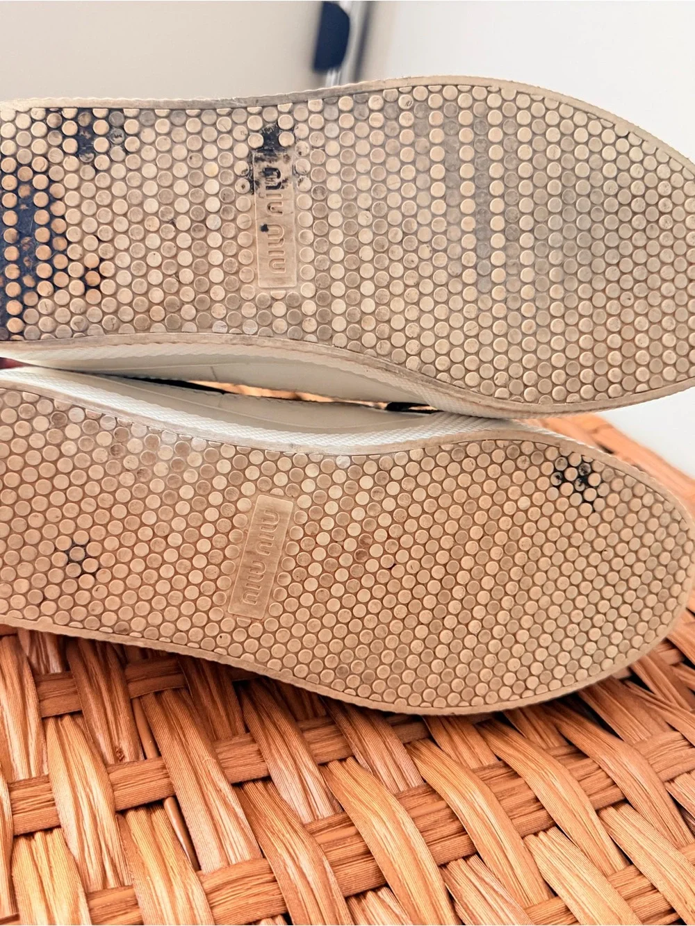 Miu Miu White and Black Slip-On Platform Sneakers with Red Patch
